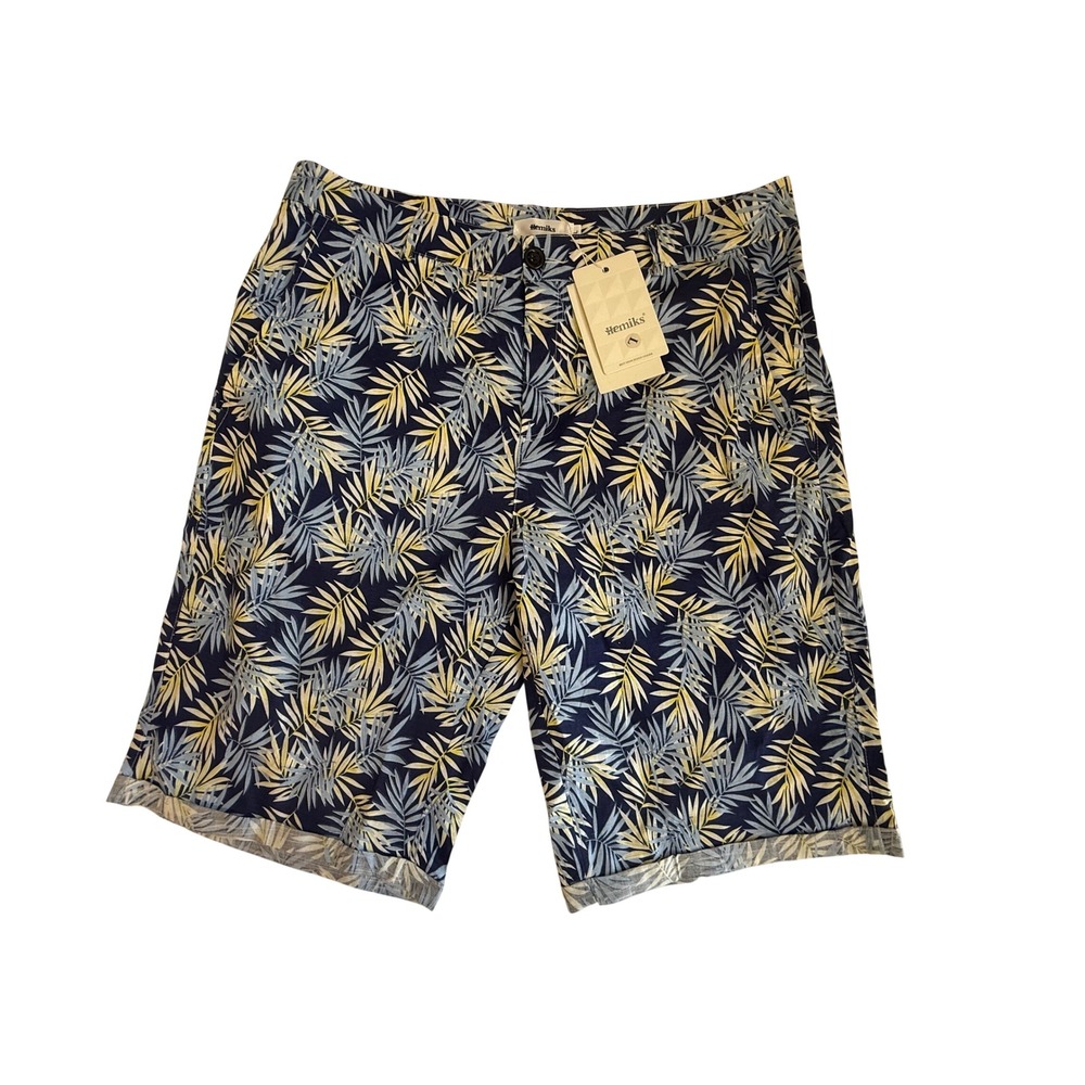 Hemiks Mens Tropical Palm Leaf Print Cotton Shorts Blue Yellow Large NWT Preppy